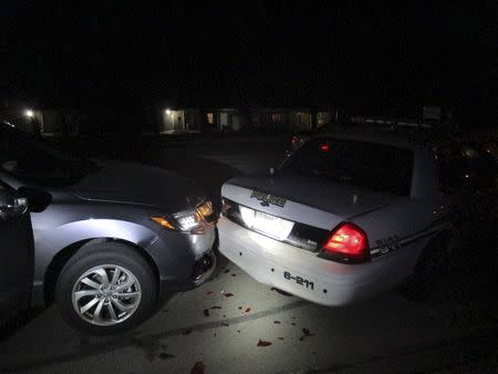 Bryan Police Department photo shows the scene of a crash when a car driven by a 19-year-old Texas A&M University student slammed into the rear of a stopped police patrol car in this photo released in Bryan, Texas, U.S., October 27, 2016. Courtesy Bryan Police Department/Handout via REUTERS