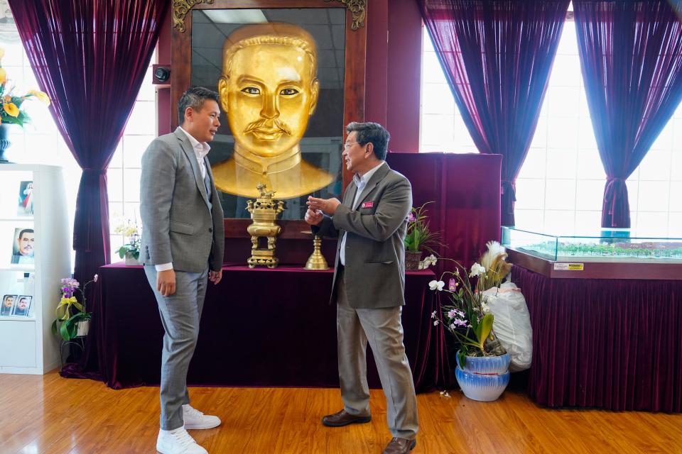 May 29, 2024; Garden Grove, CA, USA; Derek Tran talks to John Nguyen at the non-profit Truong Buu Diep Foundation, in the Little Saigon area of Orange County.