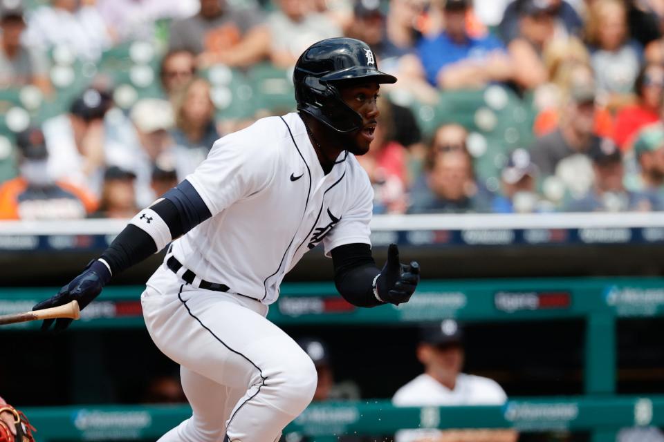 Detroit Tigers center fielder Akil Baddoo (60) hits an RBI single in the sixth inning against the St. Louis Cardinals at Comerica Park, June 23, 2021.