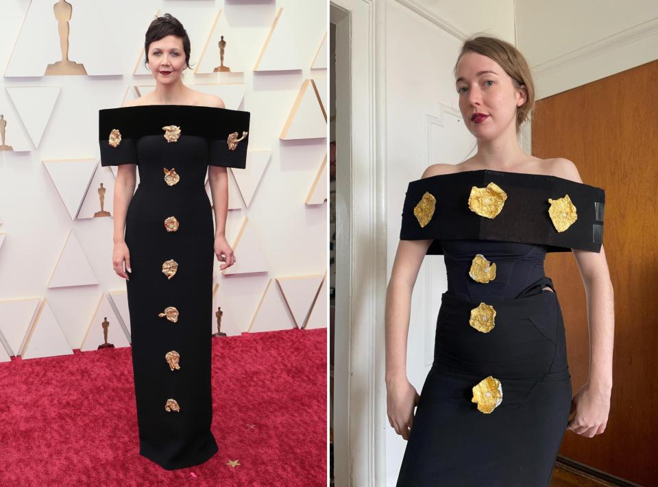 Maggie Gyllenhaal posing at the 94th Annual Academy Awards and Angelica Hicks in an inspired outfit.