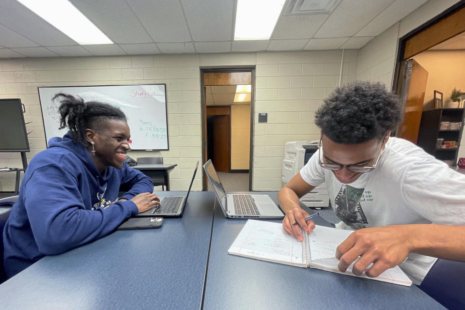 Antonio Davis, left, studies with a classmate in Chattahoochee Valley Community College's new advising center Feb. 23, 2023, in Phenix City, Ala. Davis is studying welding on an academic scholarship. (Rebecca Griesbach/Press-Register via AP)