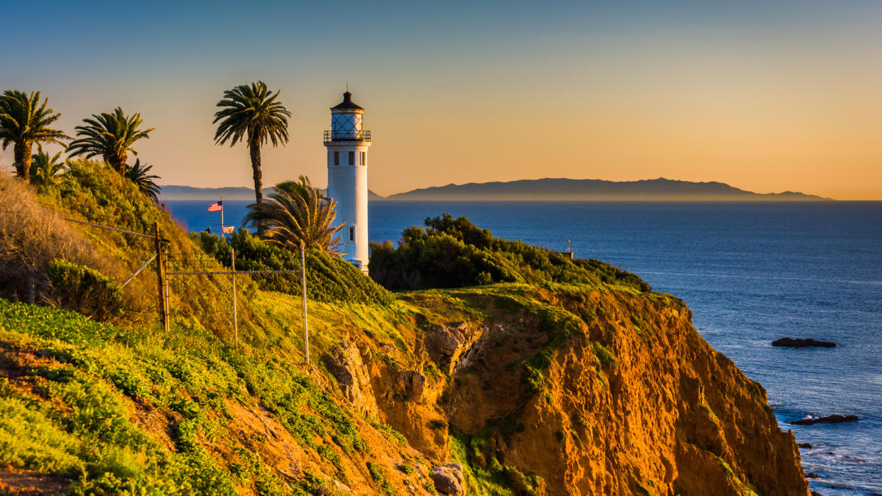 View of Point Vicente Lighthouse at sunset, in Ranchos Palos Verdes, California.