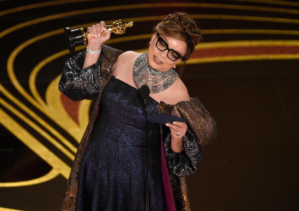 Ruth E. Carter accepts the award for best costume design for "Black Panther" at the Oscars on Sunday, Feb. 24, 2019, at the Dolby Theatre in Los Angeles. (Photo by Chris Pizzello/Invision/AP)