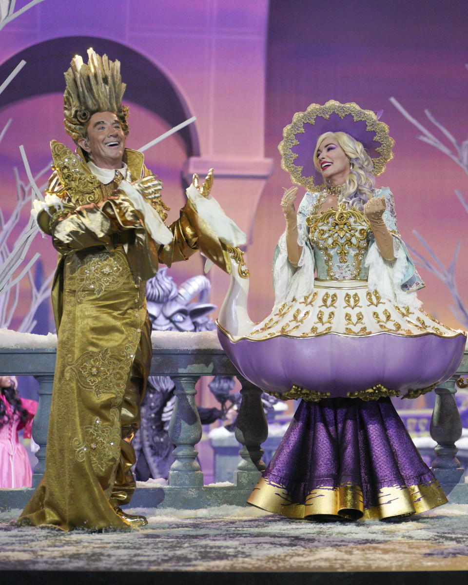 This image released by ABC shows Martin Short as Lumière, left, and Shania Twain as Mrs. Potts in "Beauty and the Beast: A 30th Celebration," airing Thursday on ABC. (Christopher Willard/ABC via AP)