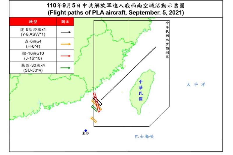 20210905-空軍司令部稍早發布訊息，證實5日再有共機侵擾我西南防空識別區，且總數達19架次之多。（空軍司令部提供）