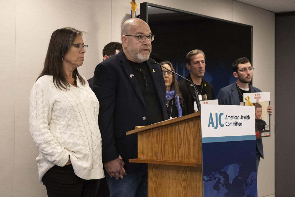 Jonathan Dekel-Chen and Gilliam Kaye, father and step-mother of American hostage Sagui Dekel-Chen, speak during a press conference by families of American hostages in Gaza and elected officials, Friday, April. 5, 2024, in New York. (AP Photo/Yuki Iwamura)