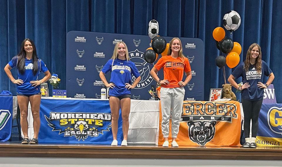 Parrish Community High signing day: girls soccer players Brianne Bonzheim (Morehead State), Kendall Hecht (Florida Gulf Coast University), Hayden Lepley (Mercer), Sydney Weslowski (Georgia Southern)