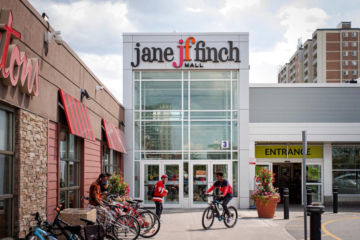 A public meeting will be held at the York Woods library branch Tuesday at 6 p.m. to discuss redevelopment of the Jane Finch Mall.  (Evan Mitsui/CBC - image credit)