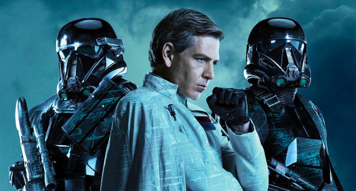 Ben Mendelsohn's Orson Krennic flanked by Death Troopers (Disney/Lucasfilm)