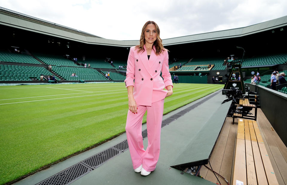 Melanie Chisholm wears a pastel pink blazer and trouser combo on day four of Wimbledon. (Getty Images)