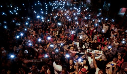 Supporters of Brazilian ex-president Luiz Inacio Lula da Silva call for his release at a July 8 rally in Sao Paulo