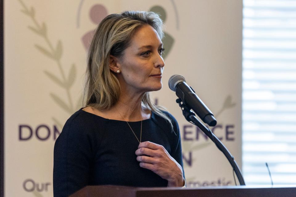 Leah Moses speaks during the Utah Domestic Violence Coalition Advocacy Day at the Capitol in Salt Lake City on Monday, Feb. 5, 2024. Moses’ son was killed by his father in May 2023. She’s now working with lawmakers on HB272 to better identify safe parents in family court. | Marielle Scott, Deseret News