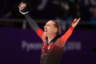 <p>Ted-Jan Bloemen of Canada celebrates after winning the Speed Skating Men’s 10,000m. Jorrit Bergsma of the Netherlands won the silver and Nicola Tumolero of Italy won the bronze. (Getty) </p>