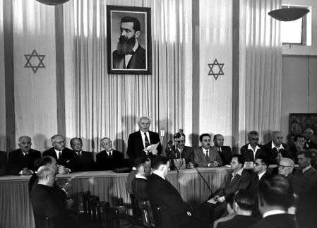 FILE PHOTO: David Ben Gurion, Israel's first prime minister, declares May 15, 1948 independence for the State of Israel, made possible by the United Nations vote on November 29, 1947 to partition Palestine