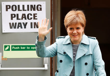 Scotland's first minister Nicola Sturgeon arrives to vote in local elections at a polling station in Glasgow, Britain May 4, 2017. REUTERS/Russell Cheyne