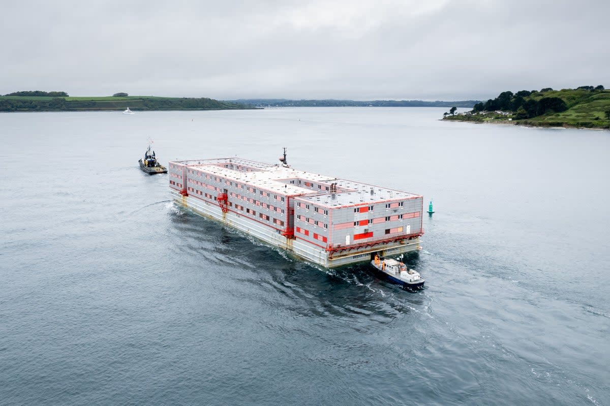 ‘Bibby Stockholm’ arrived in Cornwall last week and will dock in Dorset (PA)