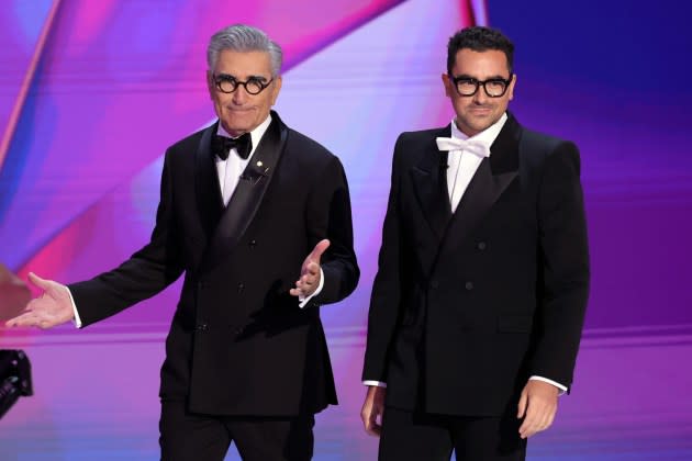 Eugene Levy and Dan Levy speak hosting 76th Primetime Emmy Awards. - Credit: Kevin Winter/Getty Images