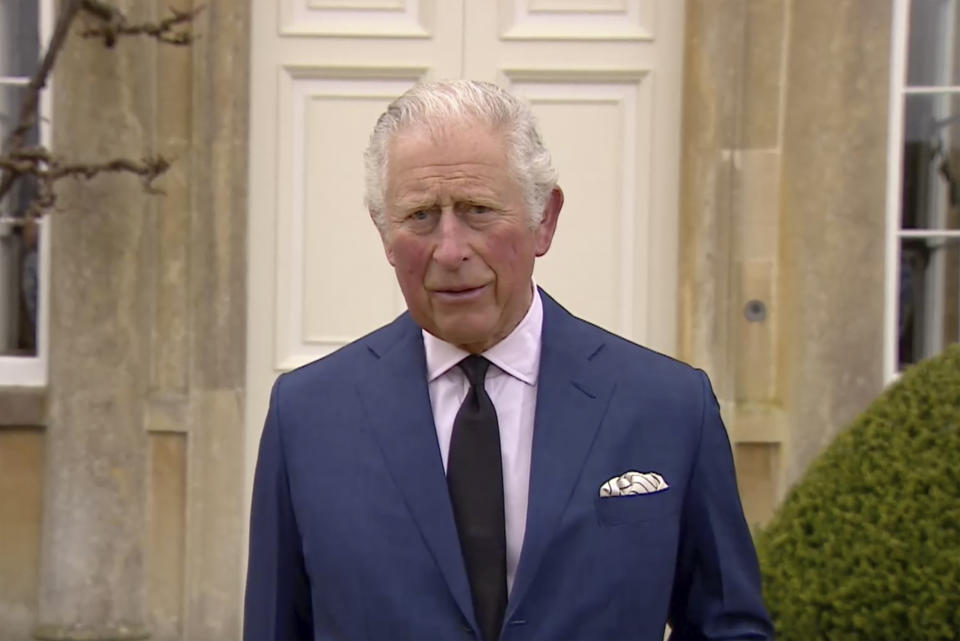 In this grab taken from video, Britain's Prince Charles addresses the media, outside Highgrove House in Gloucestershire, England, Saturday, April 10, 2021. Britain’s Prince Charles says the royal family are “deeply grateful’’ for the outpouring of support they’ve received following the death of his father, Prince Philip. In a statement to the nation, the heir to the throne says he's touched by the number of people around the world who have shared the family’s loss and sorrow. (UK Pool via AP)