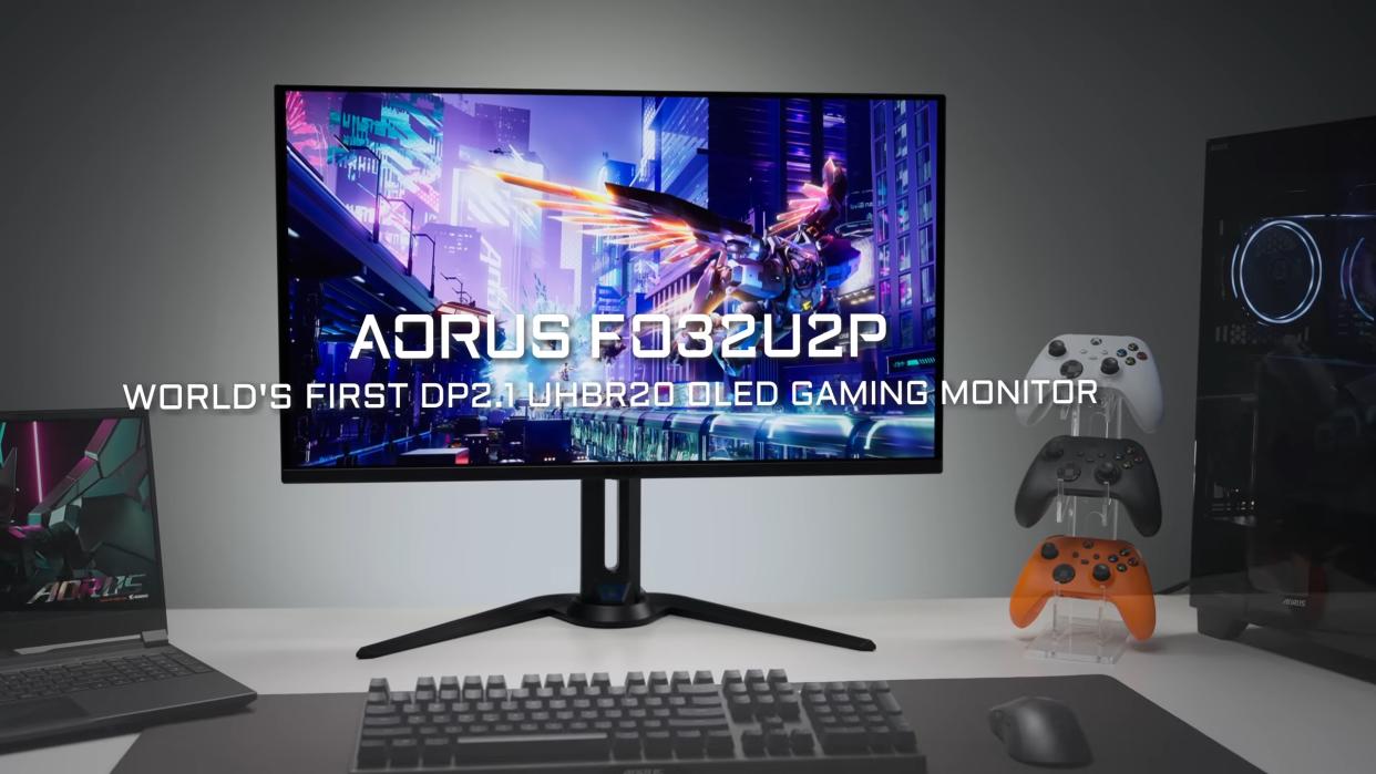  Aorus F032U2P Monitor with DisplayPort 2.1 and UHBR20 Support and dual-resolution toggle. 