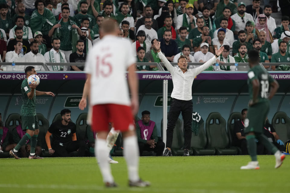 Saudi Arabia's head coach Herve Renard directs his team during the World Cup group C soccer match between Poland and Saudi Arabia, at the Education City Stadium in Al Rayyan , Qatar, Saturday, Nov. 26, 2022. (AP Photo/Darko Vojinovic)