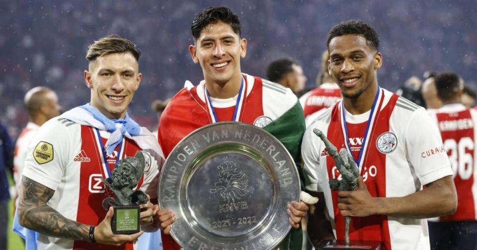 Lisandro Martinez, Edson Alvarez, Jurrien Timber, Ajax, celebrate Eredivisie title win Credit: PA Images