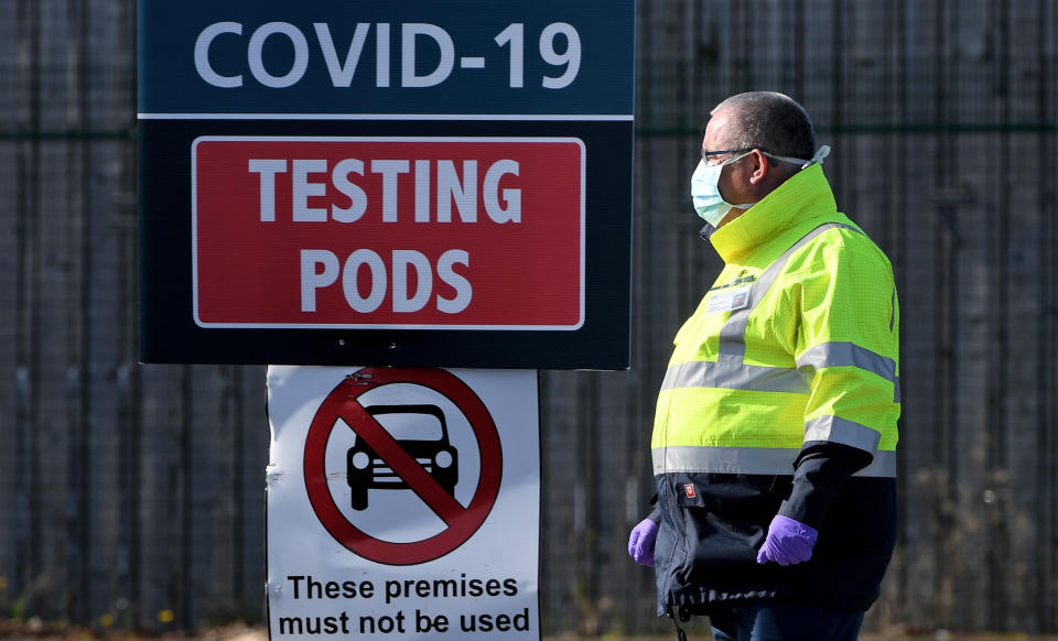 A MOT testing centre in Belfast, Northern Ireland which is being used as a drive through testing location for Covid-19 (Justin Kernoghan/PA)