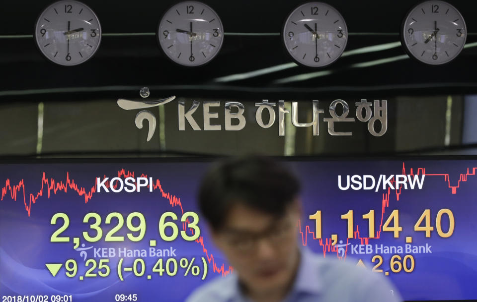 A currency trader talks near the screens showing the Korea Composite Stock Price Index (KOSPI), left, and the foreign exchange rate between U.S. dollar and South Korean won at the foreign exchange dealing room in Seoul, South Korea, Tuesday, Oct. 2, 2018. Asian shares fell on Tuesday as relief that the United States had brokered a trade deal with Canada gave way to concerns that negotiations with China were at a standstill. (AP Photo/Lee Jin-man)