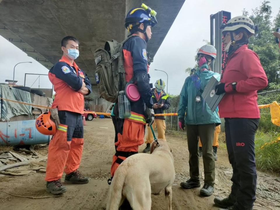 新北市消防局和台北市消防局於6日共同辦理「111年度搜救犬技術提升訓練暨評量檢測」。（新北市消防局提供）