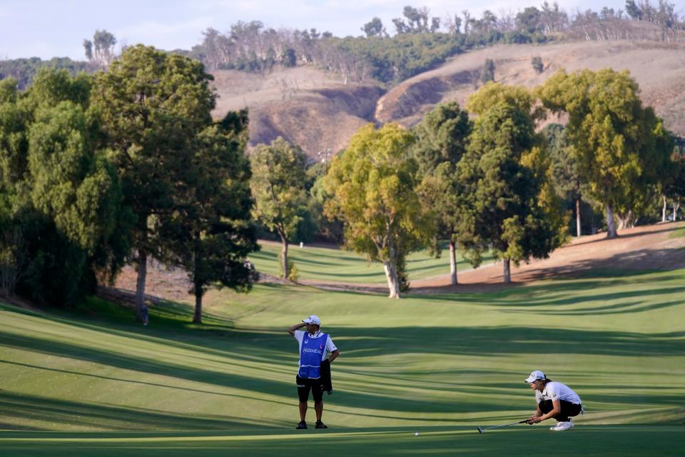 Hinako Shibuno lines up a putt on the 17th hole at the picturesque The Saticoy Club in Somis during the final round of the LPGA MEDIHEAL Championship on  Sunday.