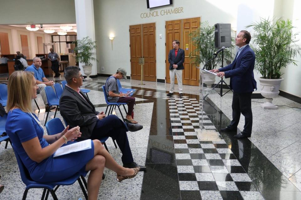 On Aug. 12, Mayor Lenny Curry announces a new survey to gauge the needs of Northeast Florida veterans. Looking on are Kelly Finn-Stormer (front, from left), executive director of Combined Arms, and Ben Miranda, director of business operations, Endeavors, two national nonprofits that are partnering with the city on the survey.