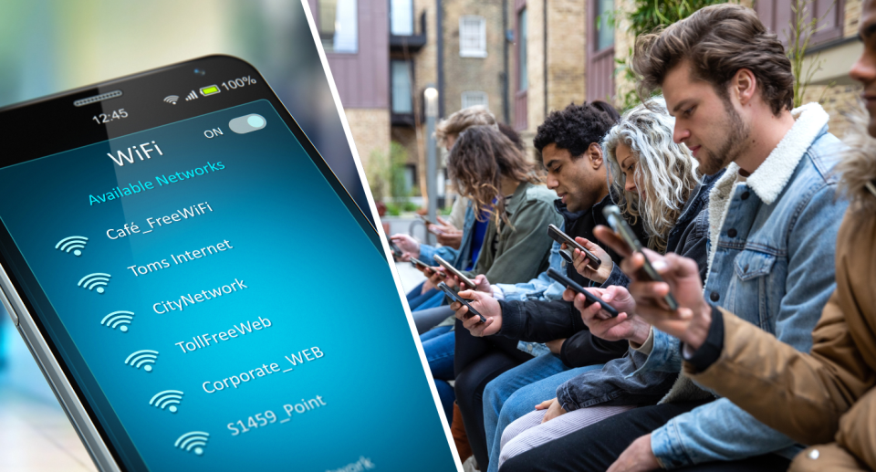 Phone showing free wifi next to people on their phones