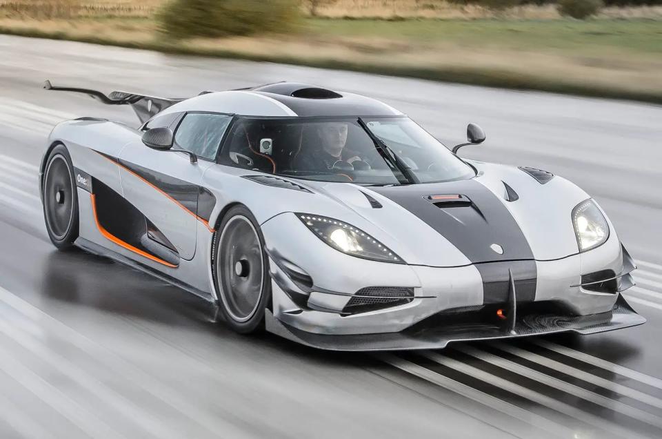 <p>Sitting high in the ranks amongst the world’s fastest and most powerful cars, the Koeniggsegg One was introduced in 2014 with 1340bhp and was marketed as producing one megawatt of power. It could run on a variety of different fuels such as regular fuel, performance fuel, and E85 biofuel which would restrict the power from the twin-turbo 5.0-litre V8 to 1160bhp. Performance claims were 0-250mph in 20sec and 0-62mph in 2.5sec with a 1360kg weight which means <strong>985bhp per tonne,</strong> if you use the right fuel.</p>