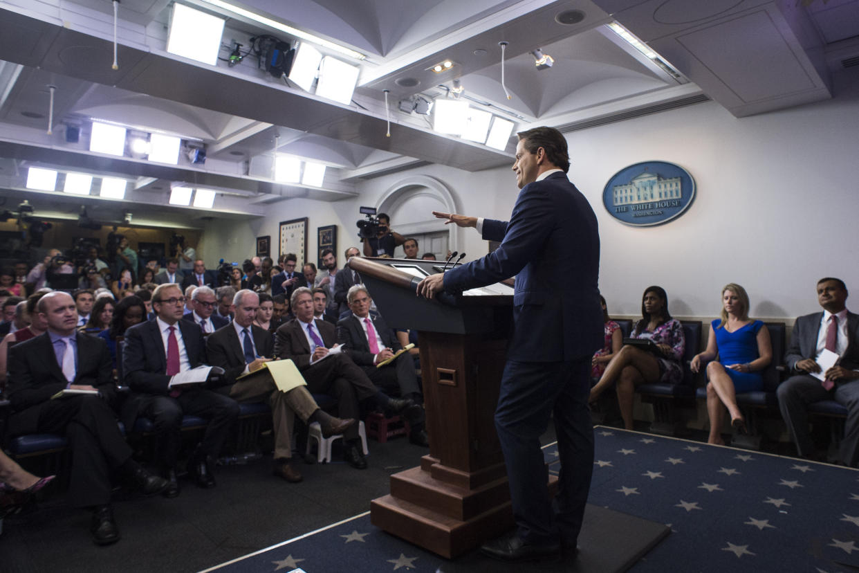 WASHINGTON, DC - JULY 21: Anthony Scaramucci, incoming White House communications director, takes questions as he speaks in the briefing room at the White House in Washington, DC on Friday, July 21, 2017. (Photo by Jabin Botsford/The Washington Post via Getty Images)