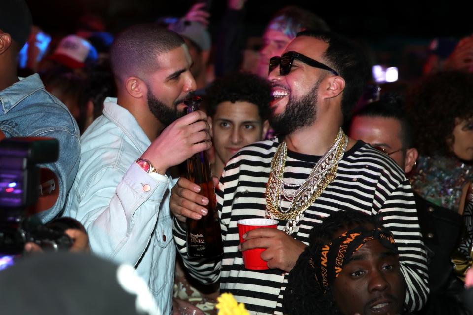 Drake and French Montana attend The Levi's Brand Presents NEON CARNIVAL with Tequila Don Julio.