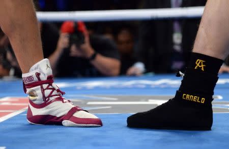 Sep 15, 2018; Las Vegas, NV, USA; A look at the footwear Canelo Alvarez (left) and Gennady Golovkin during the middleweight world championship boxing match at T-Mobile Arena. Alvarez won via majority decision. Mandatory Credit: Joe Camporeale-USA TODAY Sports