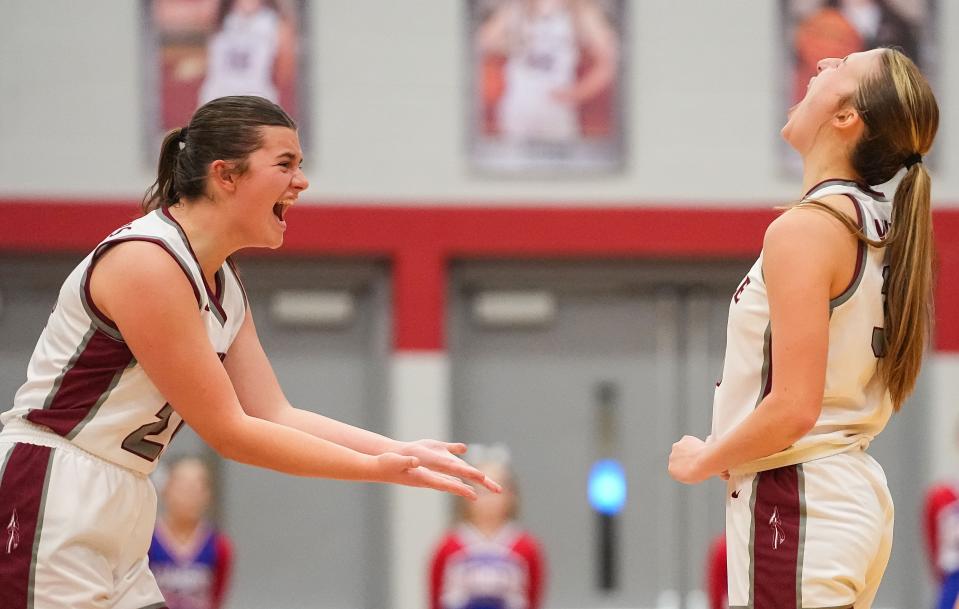 Danville's guard Emma Ancelet (33) yells in excitement with Danville's guard Lucy Riggs (24) on Saturday, Jan. 6, 2024, during the game at Danville Community High School in Danville.