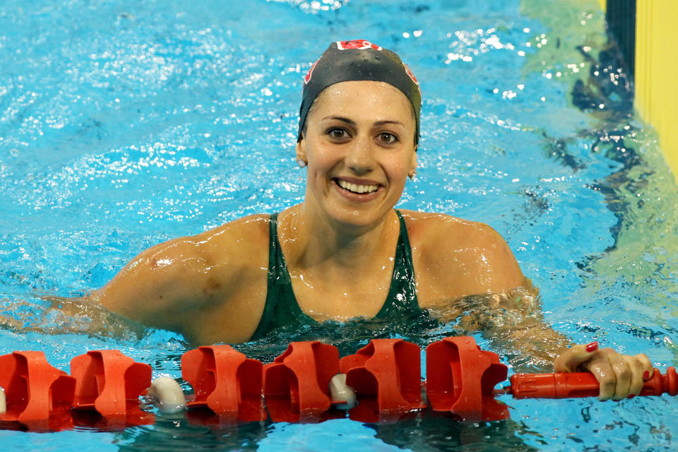 Stephanie Rice of Australia celebrates after competing in the womens 400m individual medley final during day one of the Australian Olympic Swimming Trials at the South Australian Aquatic & Leisure Centre on March 15, 2012 in Adelaide, Australia. (Photo by Morne de Klerk/Getty Images)