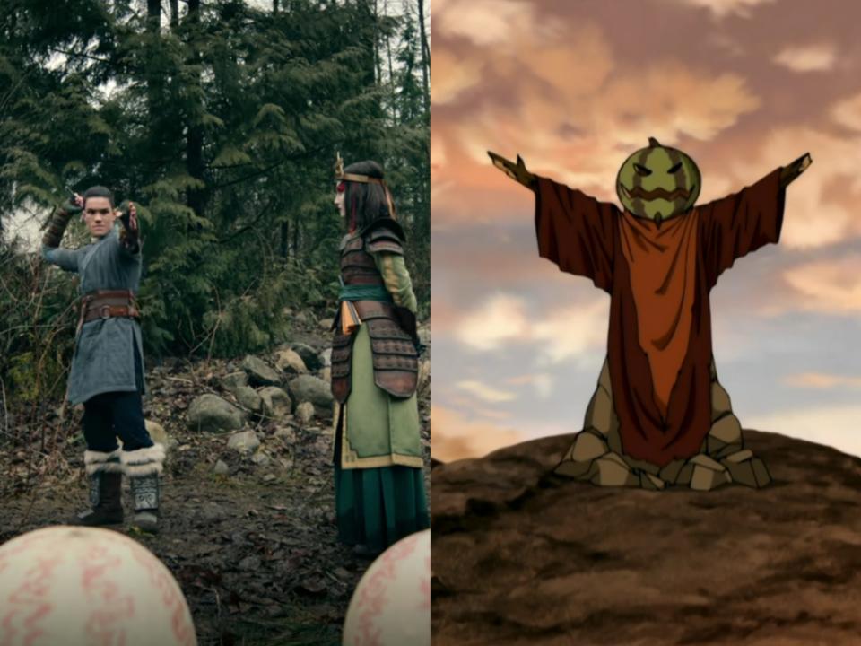 left: sokka standing with suki in the avatar live action, sokka holding his arm back to aim for a pair of melons in front of him; right: a stick figure dressed in robes and with a melon head in the cartoon