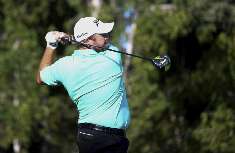 Shane Lowry of Ireland tees off at the 13th hole in round one of the Abu Dhabi Championship golf tournament, in Abu Dhabi, United Arab Emirates, Wednesday, January 16, 2019. (AP/Martin Dokoupil)