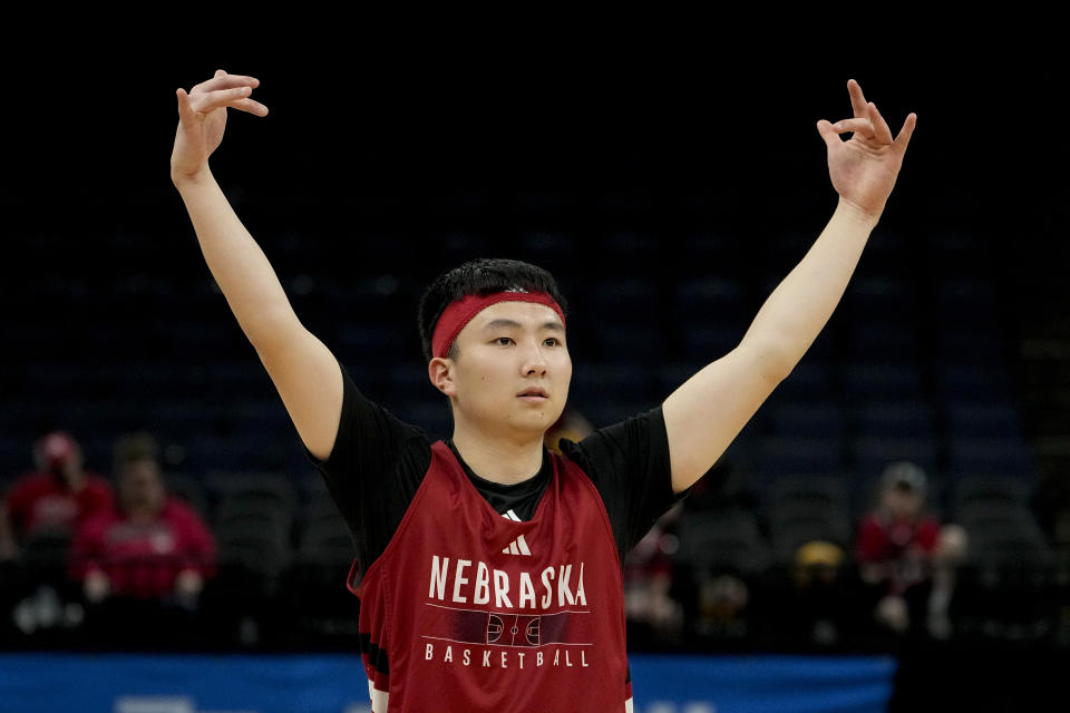 Nebraska guard Keisei Tominaga practices for the team's first-round college basketball game in the NCAA Tournament, Thursday, March 21, 2024, in Memphis, Tenn. (AP Photo/George Walker IV)