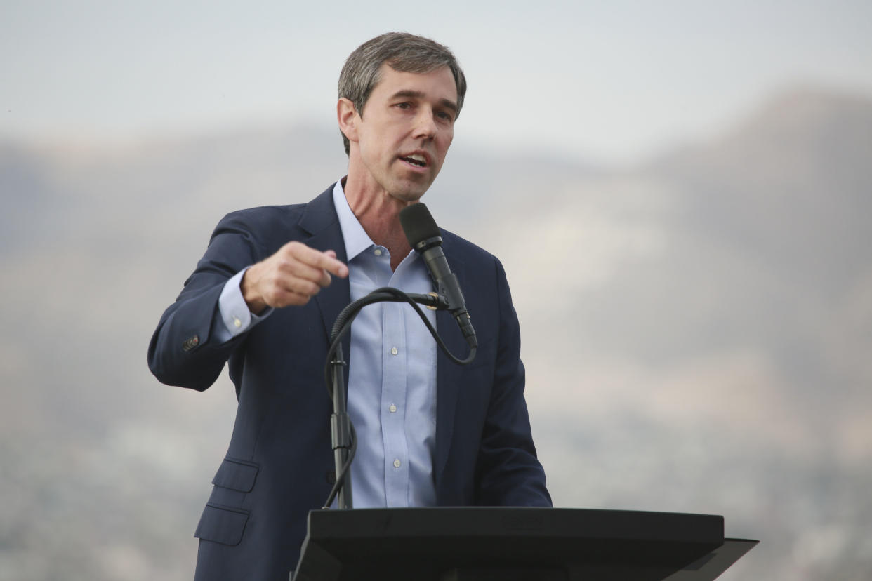 Former Rep. Beto O'Rourke, D-Texas, speaks to members of the media and supporters during a campaign re-launch in El Paso on Thursday. (Photo by Sandy Huffaker/Getty Images)