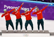 <p>Gold medalists Shaoang Liu, Shaolin Sandor Liu, Viktor Knoch and Csaba Burjan of Hungary celebrate during the victory ceremony after the Short Track Speed Skating Men’s 5,000m Relay Final on day 13 of the PyeongChang 2018 Winter Olympic Games at Gangneung Ice Arena on February 22, 2018 in Gangneung, South Korea. (Photo by Ronald Martinez/Getty Images) </p>