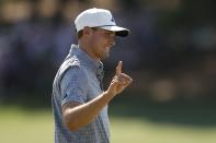 Ludvig Aberg, of Sweden, celebrates after a birdie on the ninth hole during final round at the Masters golf tournament at Augusta National Golf Club Sunday, April 14, 2024, in Augusta, Ga. (AP Photo/Charlie Riedel)