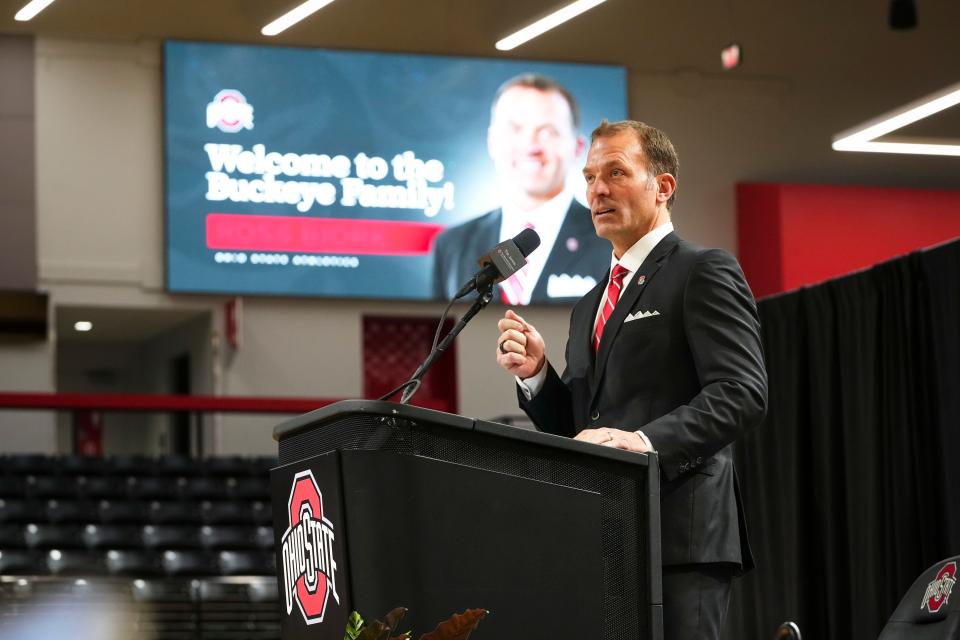 Ohio State athletic director Ross Bjork speaks during his introductory news conference at the Covelli Center on Jan. 17.