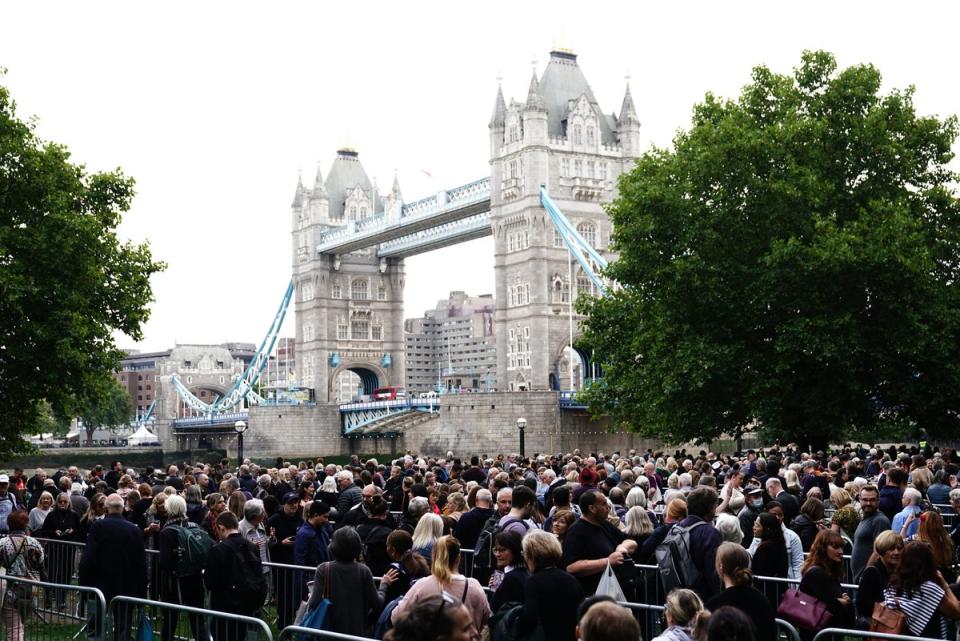 15 September 2022: Members of the public in the queue on in Potters Fields Park, central London, as they wait to view Queen Elizabeth II lying in state ahead of her funeral on Monday (PA)