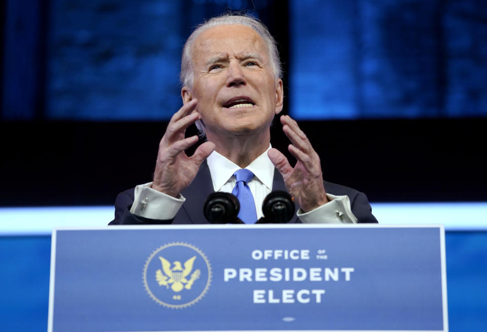 WILMINGTON, DELAWARE - DECEMBER 14: U.S. President-elect Joe Biden speaks about the Electoral College vote certification process at The Queen theater on December 14, 2020 in Wilmington, Delaware. On Monday, presidential electors of the Electoral College gathered in state capitals across the nation to cast their ballots for president and vice president. Their ballots will be formally counted during a joint session of Congress on January 6, 2021. (Photo by Drew Angerer/Getty Images)