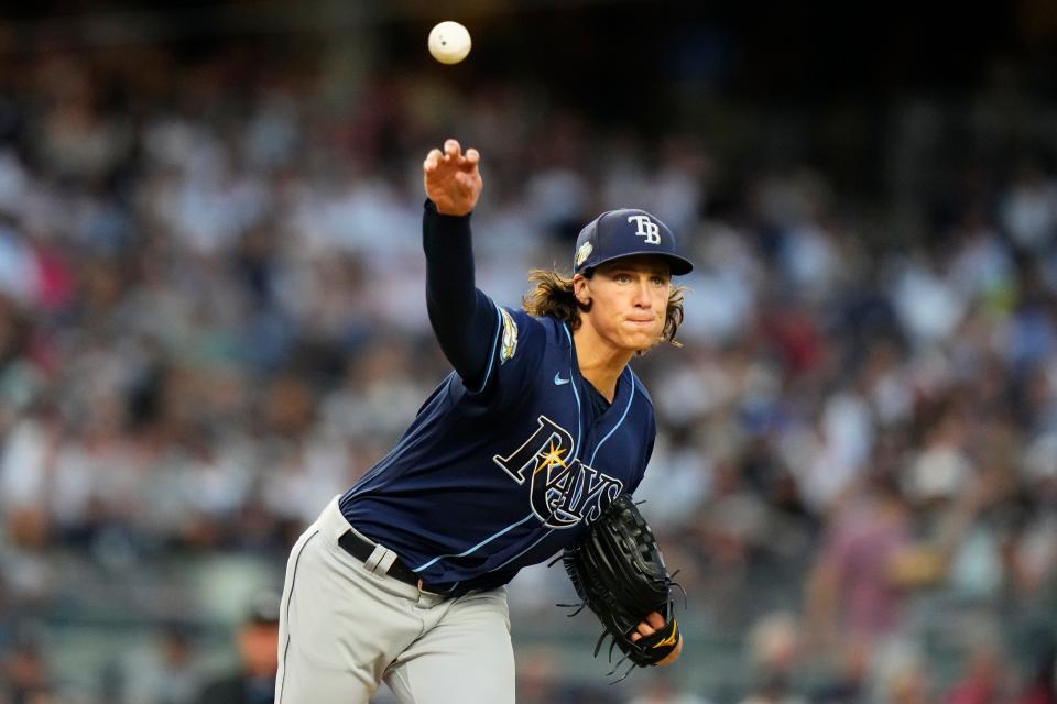 Tampa Bay Rays starting pitcher Tyler Glasnow attempts to pick off New York Yankees' Anthony Volpe at first base during the third inning of a baseball game Monday, July 31, 2023, in New York. (AP Photo/Frank Franklin II)