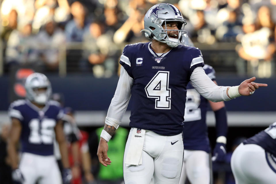 ARLINGTON, TEXAS - DECEMBER 15: Dak Prescott #4 of the Dallas Cowboys reacts against the Los Angeles Rams in the first half at AT&T Stadium on December 15, 2019 in Arlington, Texas. (Photo by Tom Pennington/Getty Images)