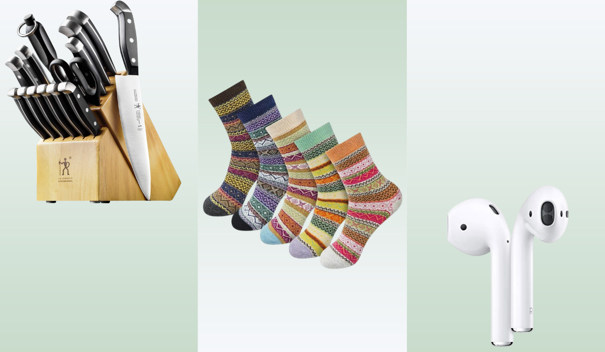 after-christmas sales on trending products: knife set, colorful socks, apple airpods