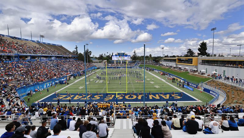 San Jose State marching band performs before the first half of an NCAA college football game against Oregon State in San Jose, Calif., Sunday, Sept. 3, 2023.